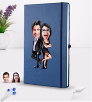 BK Gift Kişiye Özel Sevgililer Karikatürlü Karikatürlü Lacivert Termo Deri Defter 16x24cm Model 6