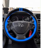 Hyundai i20 Active Dikme Direksiyon Kılıfı Parlak Siyah Mavi Detaylı Mavi Çift Yüzük ve Dikiş 2015-2020