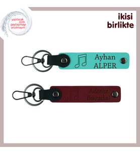 Nota Deseniyle Aşkı Anlatan Hediye, İsimli Deri Anahtarlık Takımı, Turkuaz-Bordo