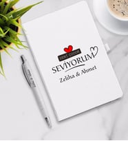 Kişiye Özel Sevgililer Günü Tasarımlı Ajanda Kalem Seti (Kahverengi Açık)