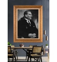 Altın Varaklı Çerçeveli Paspartulu Atatürk Tablo nh188 (Gold)
