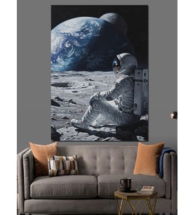 Ayda Oturan Astronot Siyah Dekoratif Kanvas - Mdf Ahşap Tablo