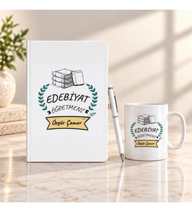 Edebiyat Öğretmenine İsme Özel Defter Kalem ve Kupa Hediye Seti