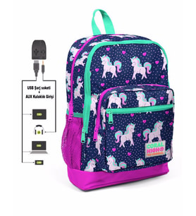 Coral High Kids Dört Gözlü Kız Çocuk İlkokul Çantası - Kuğu Desenli - USB+AUX Soketli