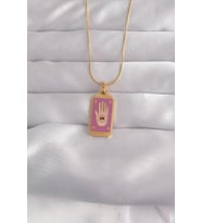 316L Çelik Gold Renk Mor Mineli El Figür Tarot Kolye 5886