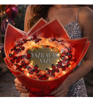 ROMANTİK LED IŞIKLI AYNALI KIRMIZI KELEBEK  BUKETİ
