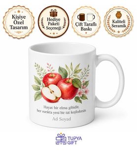 Elma Temalı Baskılı Kupa Bardak Özel Tasarım Hediye Porselen Mug