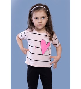 Toontoy Kız Çocuk Çizgli Kalp Baskılı Taş İşlemeli Tişört (Pudra)