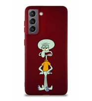 Samsung Galaxy S21 Soft Premier Kapak Squidward Dokunaç Tasarımlı Silikon Kılıf - Mürdüm (Şeffaf)