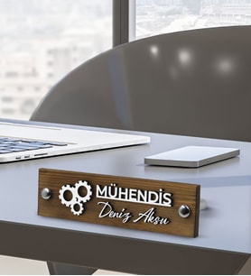 BK Gift Kişiye Özel El Yapımı Mühendis Tasarımlı 3D Kabartma İsimli Metal Ayaklı Doğal Ahşap Masa İsimliği, Yeni İş Hediyesi, Ofis Dekoru-1