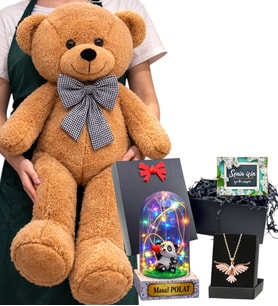 Büyük Boy Kahve Peluş Ayıcık, Kişiye Özel Renkli Işıklı Fanus ve Anka Kuşu Kolye Seti (Model 6)