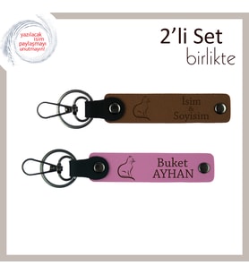 Kedili Çiftlere Özel Hediye, 2’li Anahtarlık, İsme Yazılabilir Tatlı Tasarım, Açık Kahve-Pembe