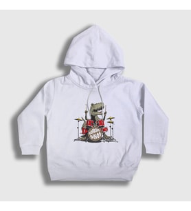 Presmono Unisex Çocuk Beyaz Dinos Dinozor Drums Bateri Kapüşonlu Sweatshirt 370847tt (Beyaz)