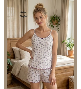 Intive Comfort Lila Küçük Çiçek Desenli Askılı Şortlu Feminen Yazlık Pijama Takımı
