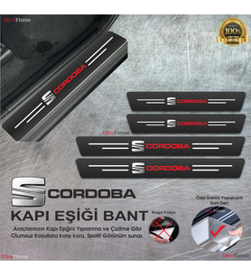 Seat Cordoba  Logolu Karbon Kapı Eşiği Koruyucu Suni Deri 4'lü Set