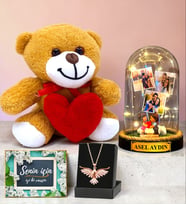 Kişiye Özel Led Işıklı Fanus & Anka Kuşu Kolye & Kalpli Peluş Ayıcık Seti (Model 10)