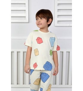 Erkek Çocuk %100 Pamuk Baskılı Pijama Takımı – Kısa Kollu, Sevimli Desenler (Sarı)