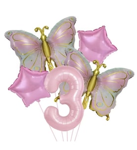 Gold Kelebekli Pembe 3 Yaş Rakam Balon Set