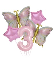 Gold Kelebekli Pembe 3 Yaş Rakam Balon Set