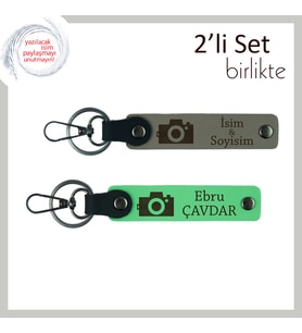 Fotoğrafçının Ruhu Taşınsın, Kamera Temalı Kişisel 2’li Anahtarlık Seti, Kül Gri-Fıstık Yeşil