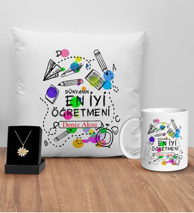 BK Gift Kişiye Özel Öğretmenler Günü Tasarımlı Beyaz Kupa Yastık ve İsimli Papatya Kolye Hediye Seti- 17, Öğretmene Hediye, Öğretmenler Günü
