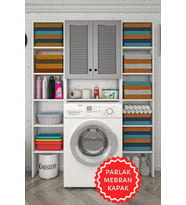Kenzlife membran çamaşır makinesi dolabı veronikamaksduble gribyz panjur 180*126*20 mebran kapak MDF gövde arkalıksız raflı (Beyaz-Gri)