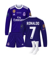 Ronaldo Real Madrid 2017 Sezonu Uzun Kollu Mor Retro 3'lü Çocuk Futbol Forma Seti ( Forma,şort ve çorap )