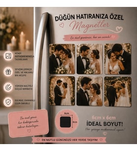 6'lı Kare Fotoğraf Magneti Düğüne Kişiselleştirilebilir Gelin Damat Anı Hediye Seti
