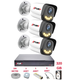 FURY 3 Kameralı 4 Warm Led Gece Renkli Görüş-Cepten İzle-Su Geçirmez Güvenlik Kamerası Seti 320GB