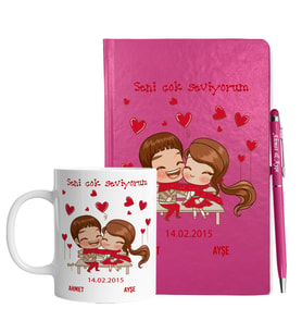 Sevgililer Gününe Özel Pembe Defter Kalem & Kupa Hediye Seti 15