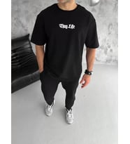 pilelistore- Unisex Bisiklet Yaka Baskılı Oversize T-Shirt - Siyah