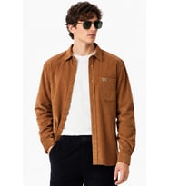 Lacoste Men's Regular Fit Button-Down Cotton Shirt Erkek Düğmeli Yaka Pamuklu Kadife Gömlek Sütlü Kahverengi