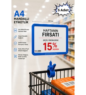 5 Adet - A4 Mandallı Fiyatlık Etiketlik Sepet Raf Askılık Fiyat Etiketi Çerçeveli Market Mağaza Mavi