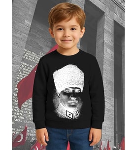 Unisex Ay Yıldızlı 19 Mayıs 29 Ekim 23 Nisan 10 Kasım Atatürk Çocuk 3 İplik Şardonlu Sweatshirt (Siyah)