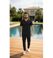 Erkek Trend Yazlık Rahat Kalıp Bürümcük Kumaş Kısa Kollu Tshirt ve Pantolon Takım (Düz Siyah)