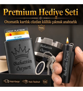 Hemen Kargo Kral Tacı Logolu Mekanizmalı Otomatik Kartlık Cüzdan Clipper Çakmak Küllük ve Anahtarlık - Sevgiliye Eşe Babaya Arkadaşa Hediye Seti