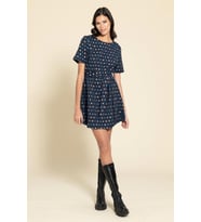 Puantiyeli Kemerli Lacivert Mini Elbise