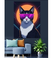 Neon Gözlüklü Cool Kedi Portresi Dekoratif Kanvas - Mdf Ahşap Tablo