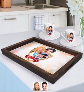 BK Gift Kişiye Özel İsimli Evleniyoruz Karikatürlü Doğal Ahşap Tepsi ve 2’li Kahve Fincan Seti-4