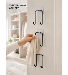 3'lü Duvar Tipi Yapışkanlı Askılık Ev Ve Yaşam Alanları İçin Pratik Set