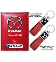 Plakanıza Özel Mazda Logolu Kırmızı Ruhsat Kabı ve Anahtarlık