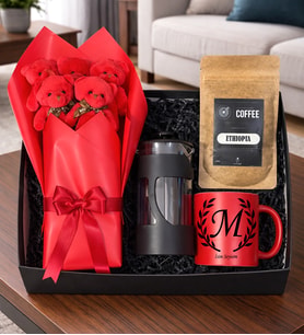 Kişiye Özel Kişiye Özel Kupa & Ayıcık Buketi & French Press Kahve Hediye Seti