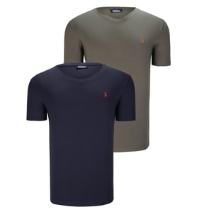 İKİLİ SET T8568 DEWBERRY V YAKA ERKEK T-SHIRT-LACİVERT-HAKİ
