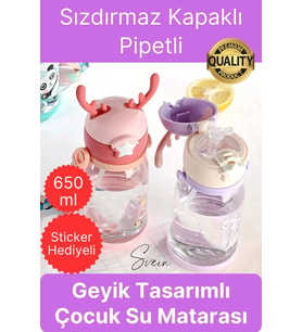 Özel Geyikli Tasarım Pipetli Sızdırmaz Kapaklı Gıdaya Uygun Çocuk Su Matarası Askılı Suluk 650 ml