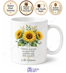 Ayçiçeği Temalı Baskılı Kupa Bardak Hediye Porselen Ayçiçeği Desenli Mug
