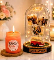 Kişiye Özel Yazılı 3 Fotoğraflı LED Işıklı Fanus (vosvoslu) ve Cam Kokulu Mum Hediye Seti
