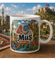 Muş Temalı Hediyelik Kupa Bardak - 49 Plaka Geleneksel El Boyaması Tarzı Özel Tasarım Kupa