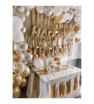 Gold Happy Bırthday Full Set Gold Beyaz Gri Metalik Balon Zincir Gold Arka Fon