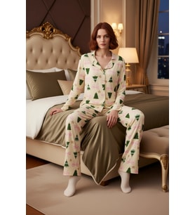 Kadın Yılbaşı Ağaç Baskılı Gömlek ve Pantolon Pijama Takımı Fonksiyonel Dayanıklı Kaliteli