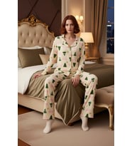 Kadın Yılbaşı Ağaç Baskılı Gömlek ve Pantolon Pijama Takımı Fonksiyonel Dayanıklı Kaliteli